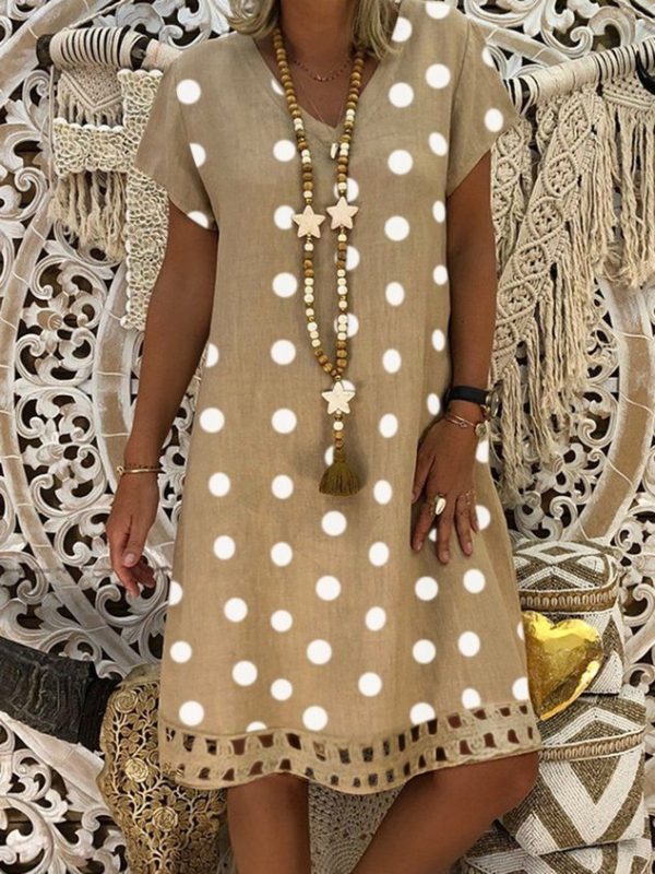 Anecms V Neck polka dots Casual Midi Linen Dress